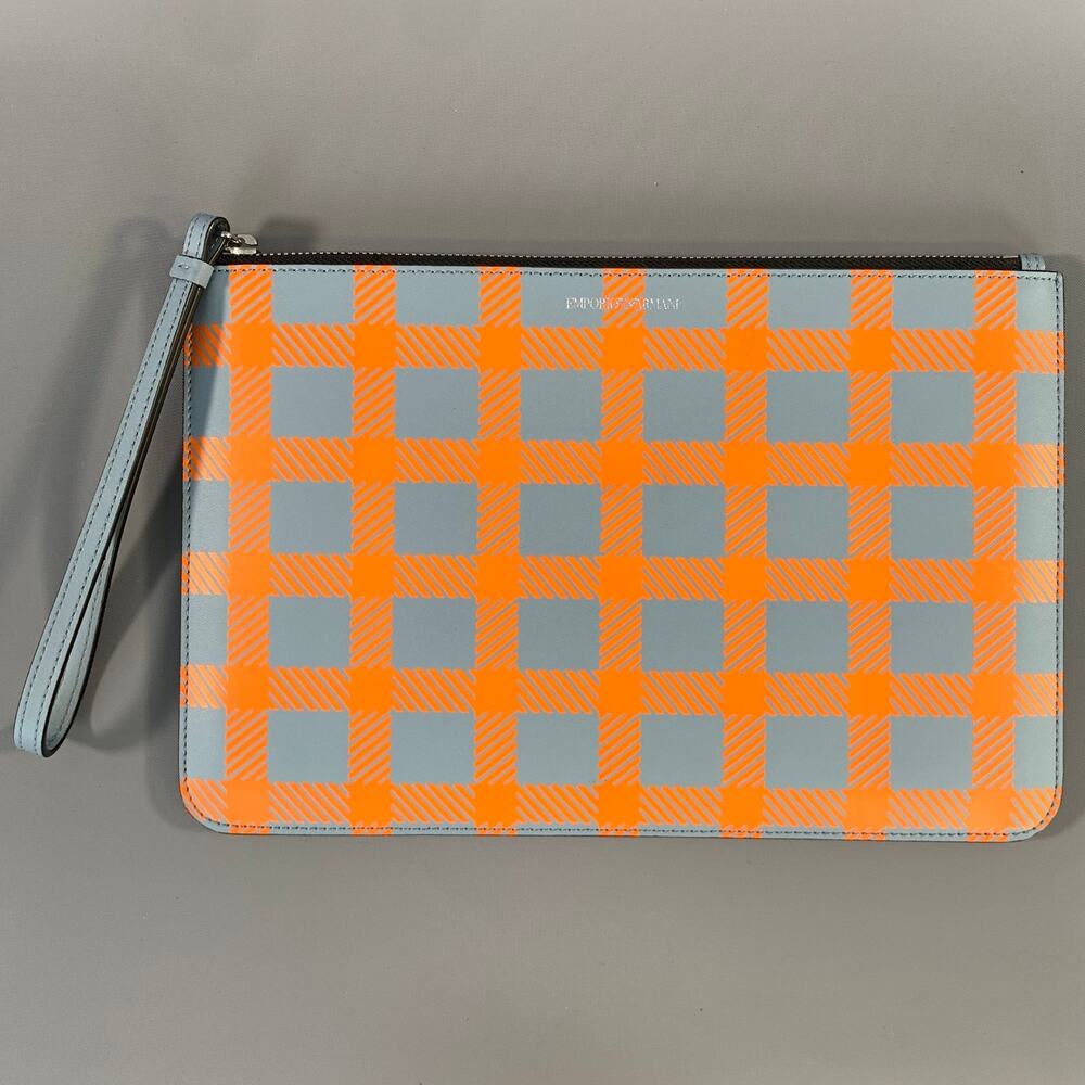 EMPORIO ARMANI Orange Grey Plaid Wristlet Bag